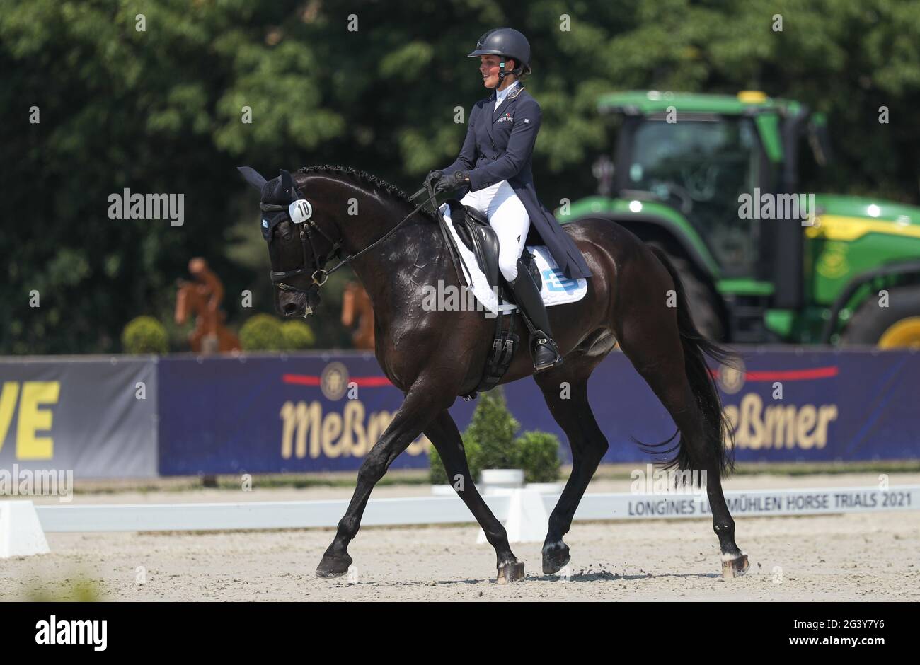 Westphalia, Germany. June 18 2021:Westphalia, Germany. June 18 2021: Equestrian sport: German Championships, Eventing. The Swedish event rider Louise Romeike rides Cato 60 in the dressage competition. Photo: Friso Gentsch/dpa Credit: dpa picture alliance/Alamy Live News Credit: dpa picture alliance/Alamy Live News Stock Photo