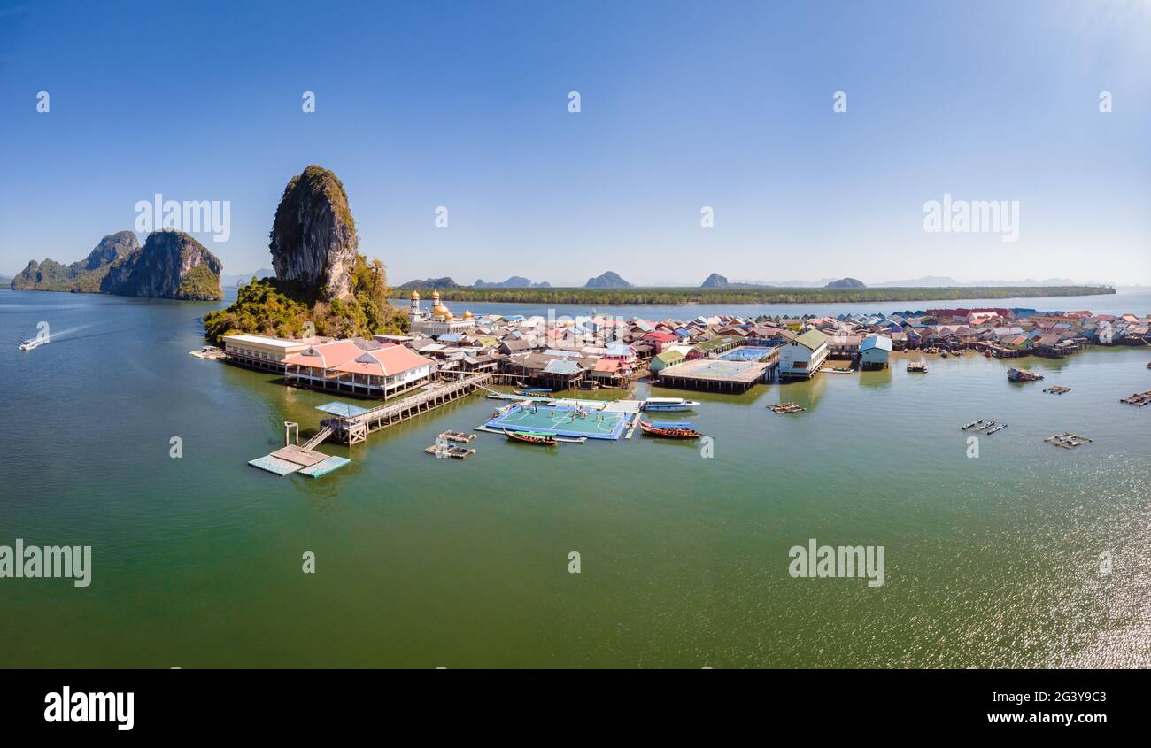 Ko Panyi or Koh Panyee, Muslim fisherman village landmark attractions travel by boat at Ao Phang Nga Bay National Park, Thailand Stock Photo