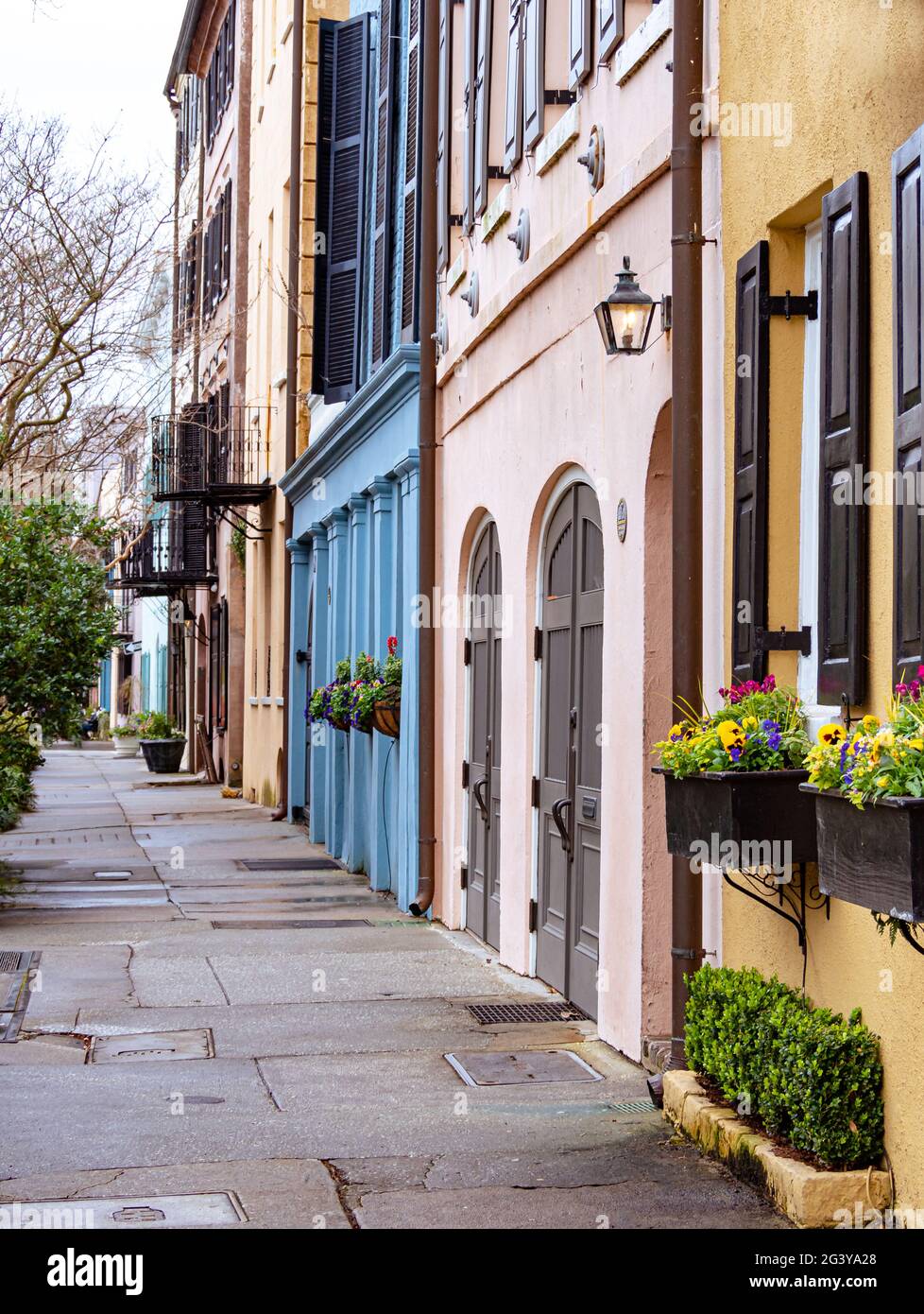 Colorful houses on the famous rainbow row in Charleston, SC Stock Photo