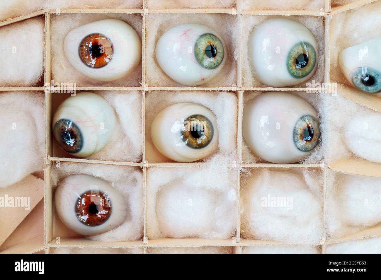 Set of vintage artificial eyes in a box Stock Photo