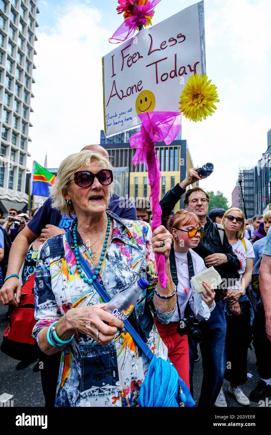 Anti-Vax anti-lockdown protesters march through central London protesting the governments Covid measures including vaccination passports and restrictions on opening lockdown.May 29 2021 Stock Photo