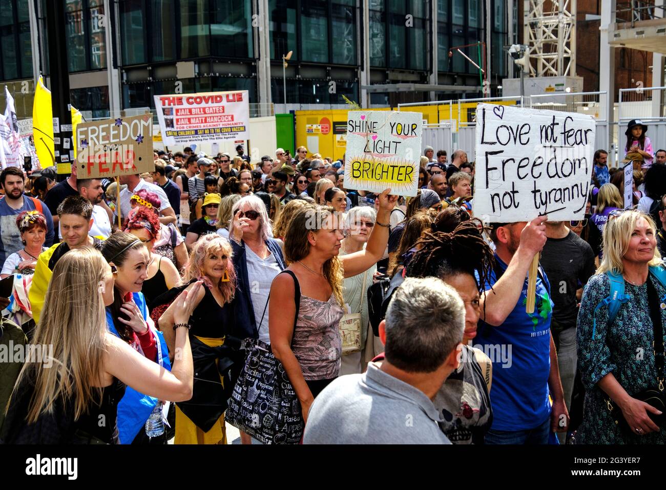 Anti-Vax anti-lockdown protesters march through central London protesting the governments Covid measures including vaccination passports and restrictions on opening lockdown.May 29 2021 Stock Photo