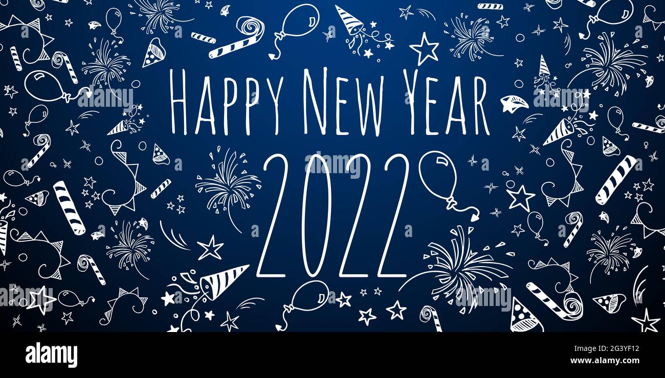 Happy New year 2022 cute winter doodles illustration Stock Photo
