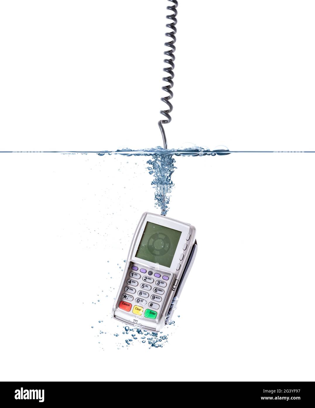 Credit card terminal with lifebelt symbol on screen splashing into clear water Stock Photo