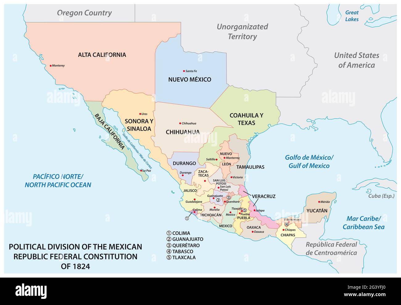 Political division of the mexican republic federal constitution of 1824 Stock Photo