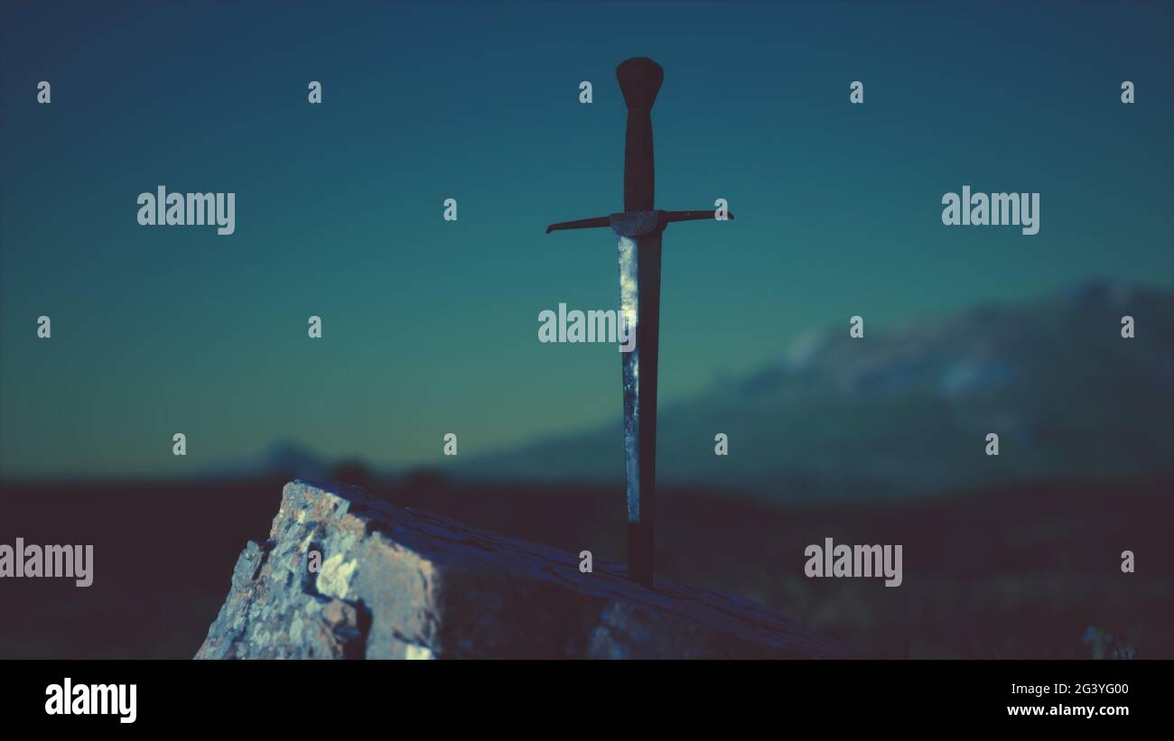 Famous sword excalibur of King Arthur in the rock Stock Photo - Alamy