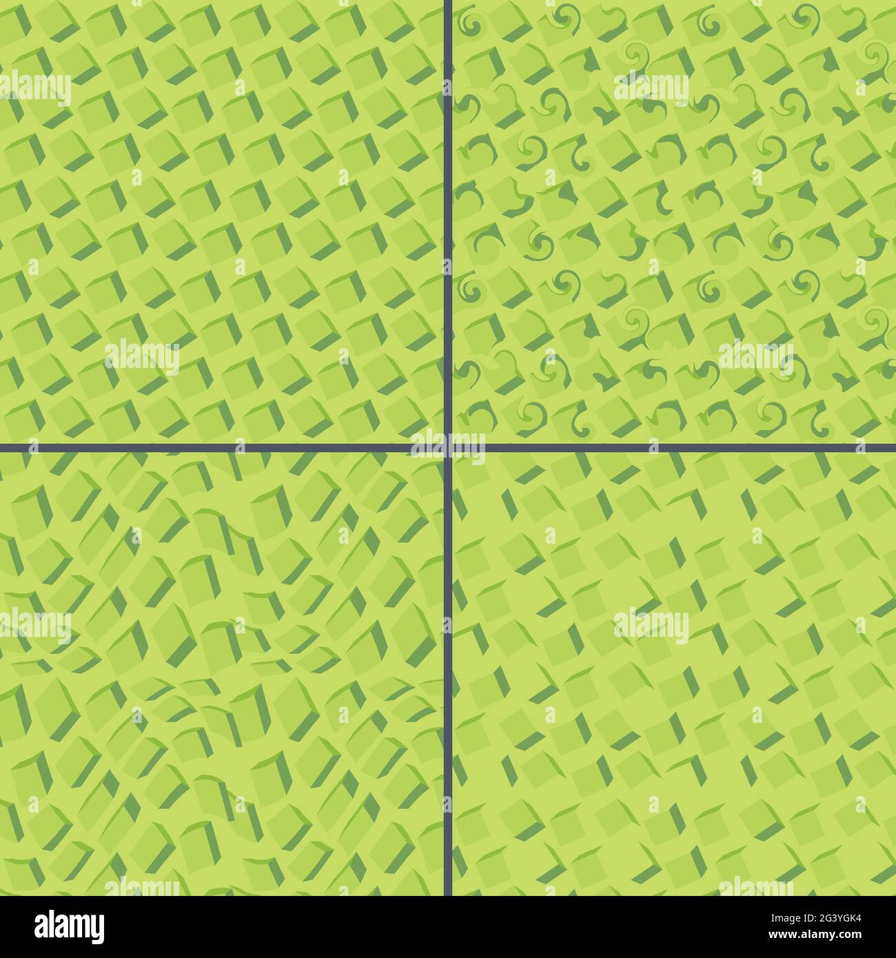 Seamless Abstract Simple Pattern. Scalable 3D Style Geometric Pattern. Set of 4 Different Patterns made from Cubes of Different Sizes. Neon Green Back Stock Vector