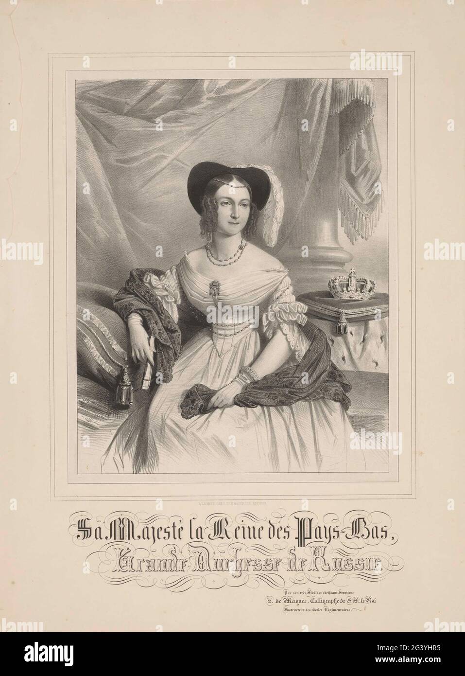 Portrait of Anna Paulowna Romanowa. Portrait of Anna Paulowna. She is sitting next to a table with a crown on it. A range in her right hand. In the undermaster her titles. Stock Photo