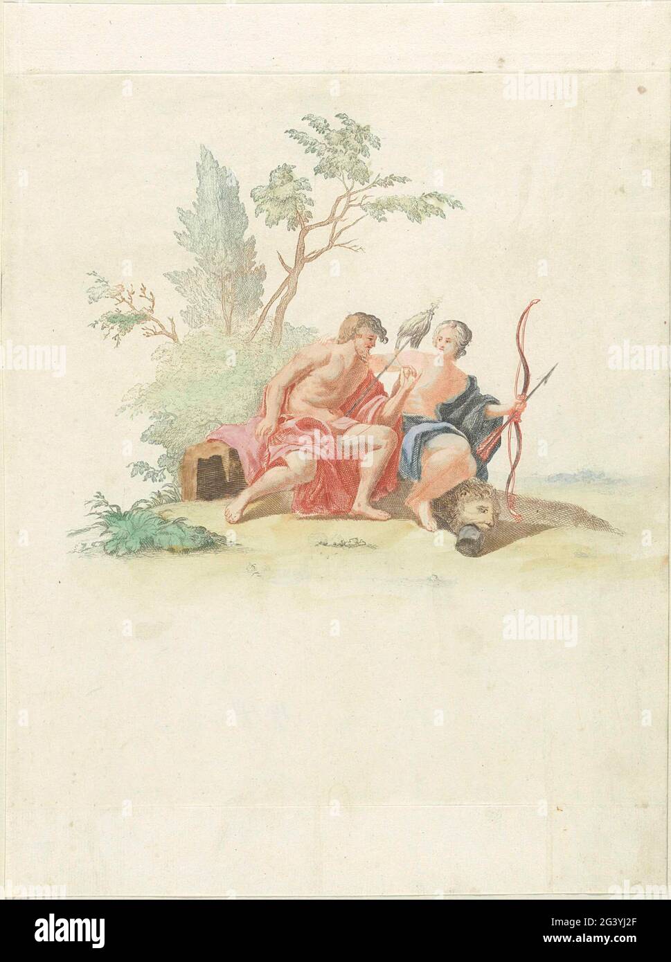 Hercules and omphal. Hercules is next to omphal, Queen of Lydia, who has hit an arm around him. As a slave in the service of Omphal, Hercules was waiting. He has her spin skirt in his hands. She has his arrow and bow and the lion skin and knots are at her feet. Stock Photo