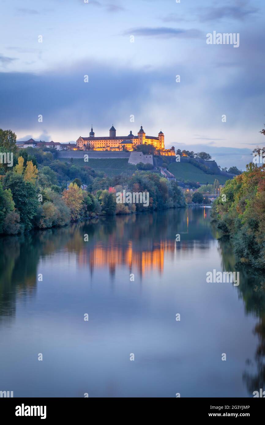 The Marienberg Fortress in Würzburg at the blue hour, Lower Franconia, Franconia, Bavaria, Germany, Europe Stock Photo