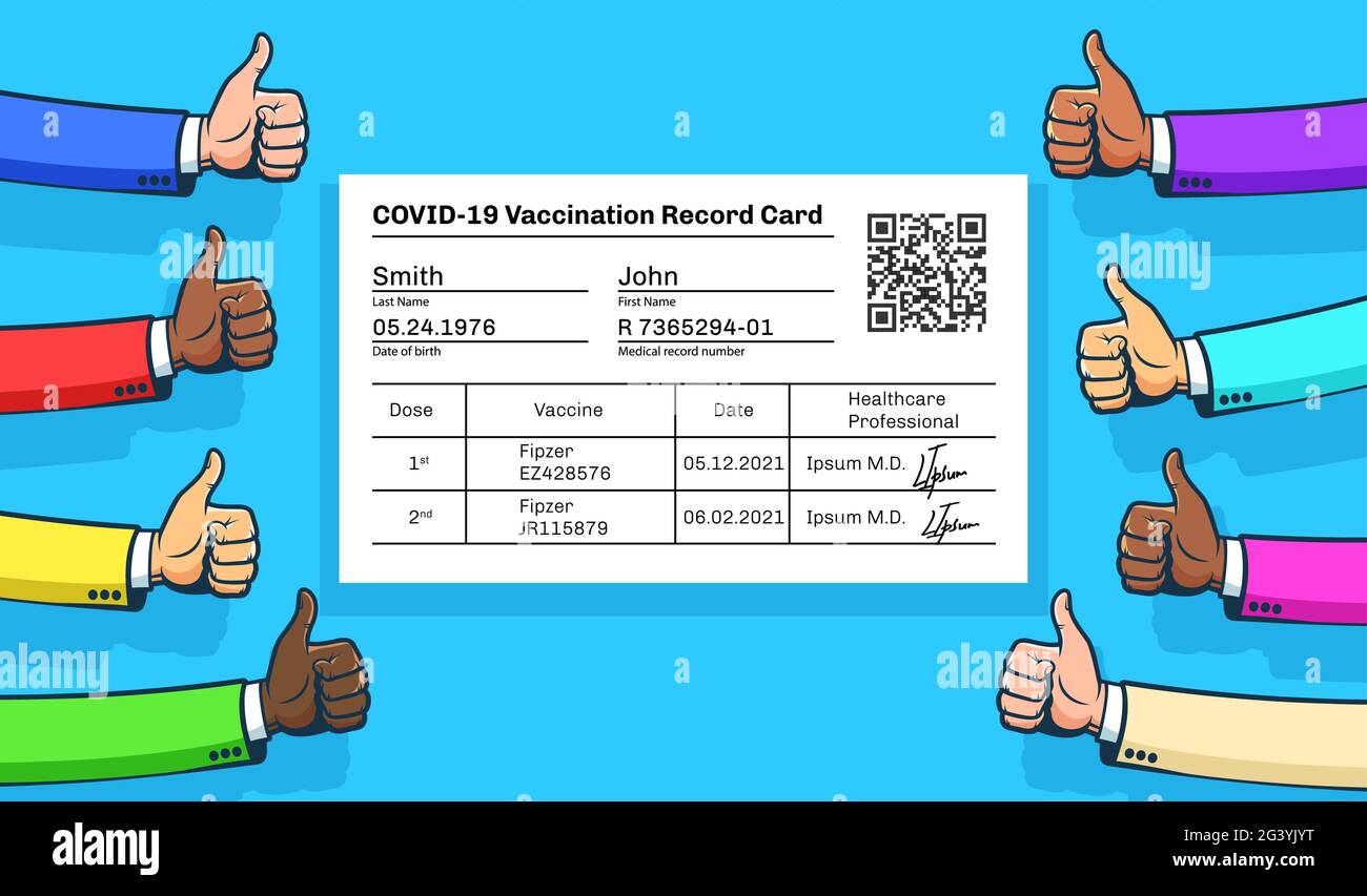 Vaccination record card with thumbs up Stock Vector