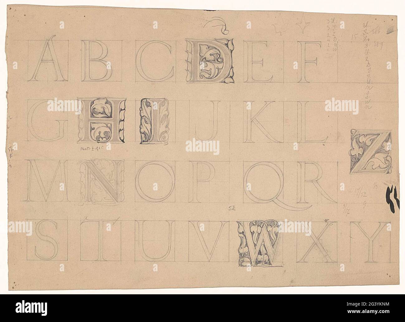 The letters of the alphabet, some of which are decorated with tendrils ...