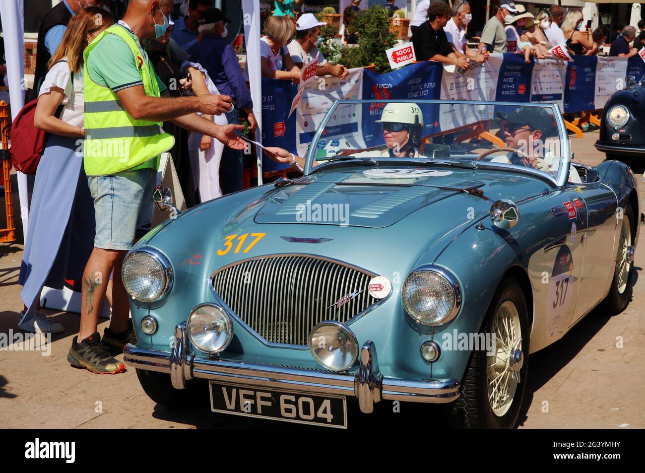 An Austin Healey driven by a Mexican crew seen at the stop of Castiglioncello, Tuscany, of 1000 Miglia Race on  June, 17, 2021. Austin Healey was a British brand of sport cars produced from 1952 to 1972.  (Elisa Gestri/Sipausa) Stock Photo