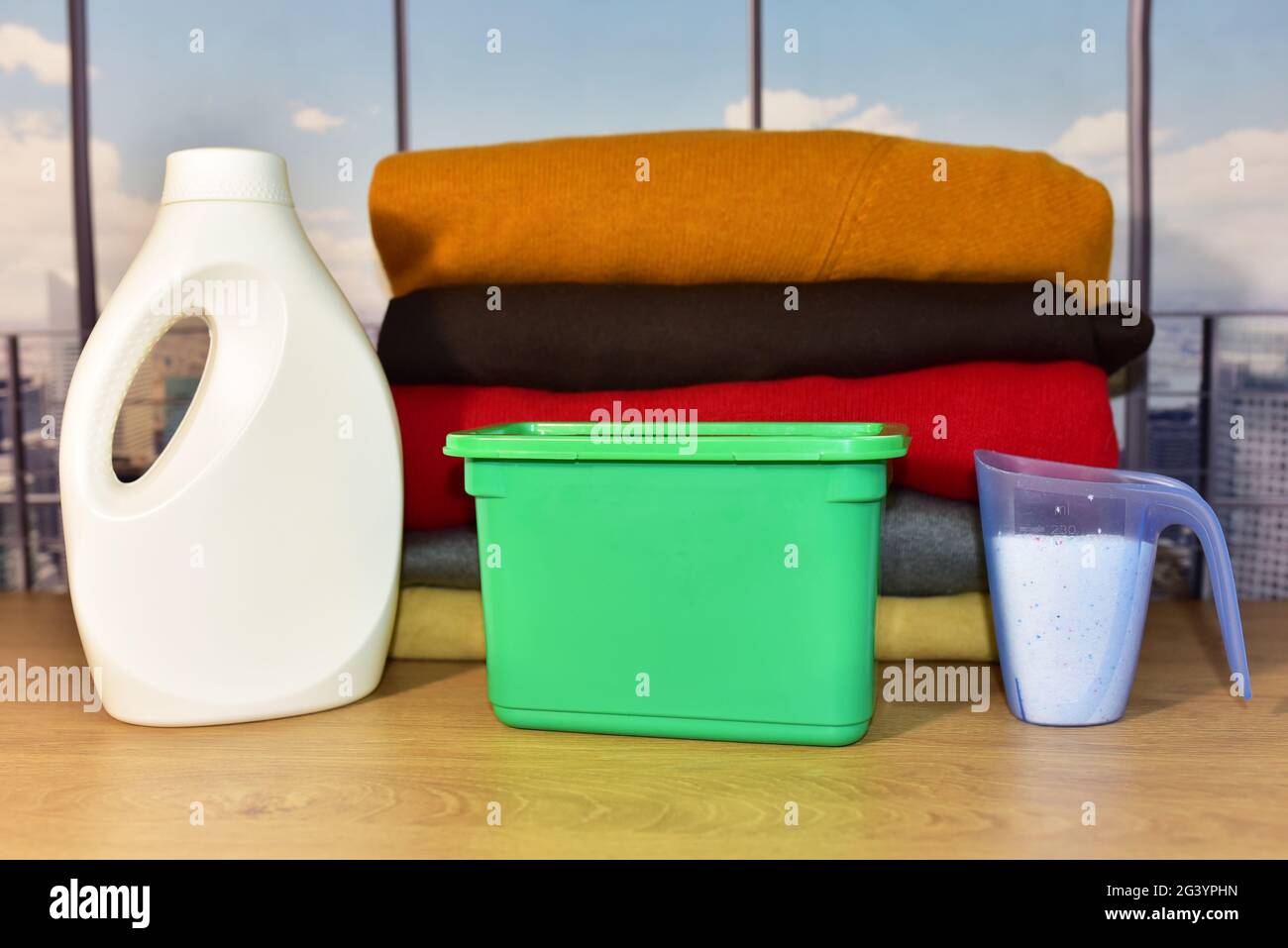 Detergents cliquid for washing machine on the window background