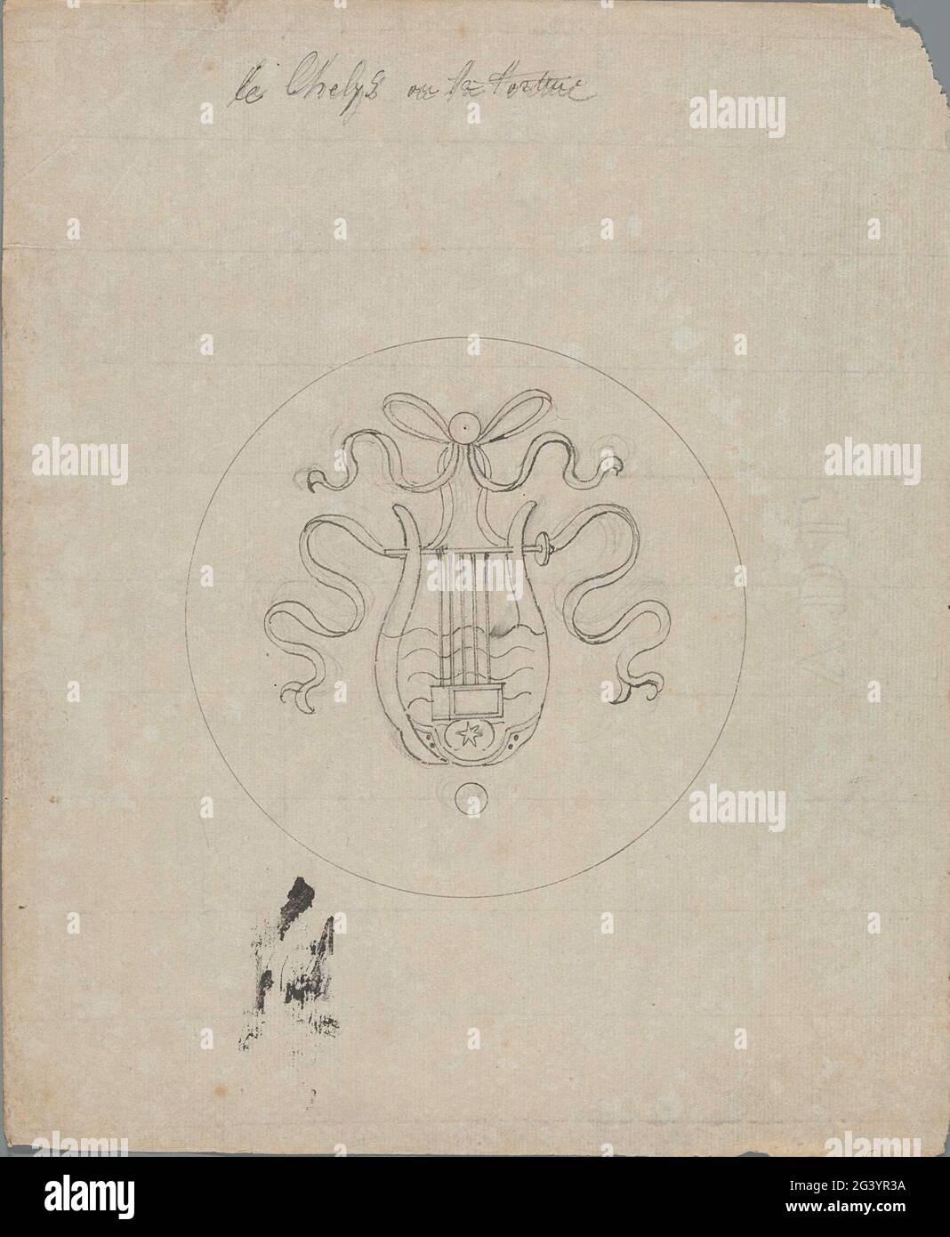 Le Chelys Ou La Tortine; Design for marquetery of musical instrument hung up to ribbons in around medallion. One of 103 designs for marquetics of ribbons hung musical instruments in round medallions, intended for the set of chairs made by Van Doren for the Great Hall of the Prince of Orange Palace in Brussels in 1828. Stock Photo