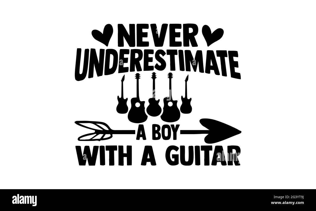 Never underestimate and old man with a guitar - Guitar t shirts design, Hand drawn lettering phrase, Calligraphy t shirt design, Isolated on white bac Stock Photo