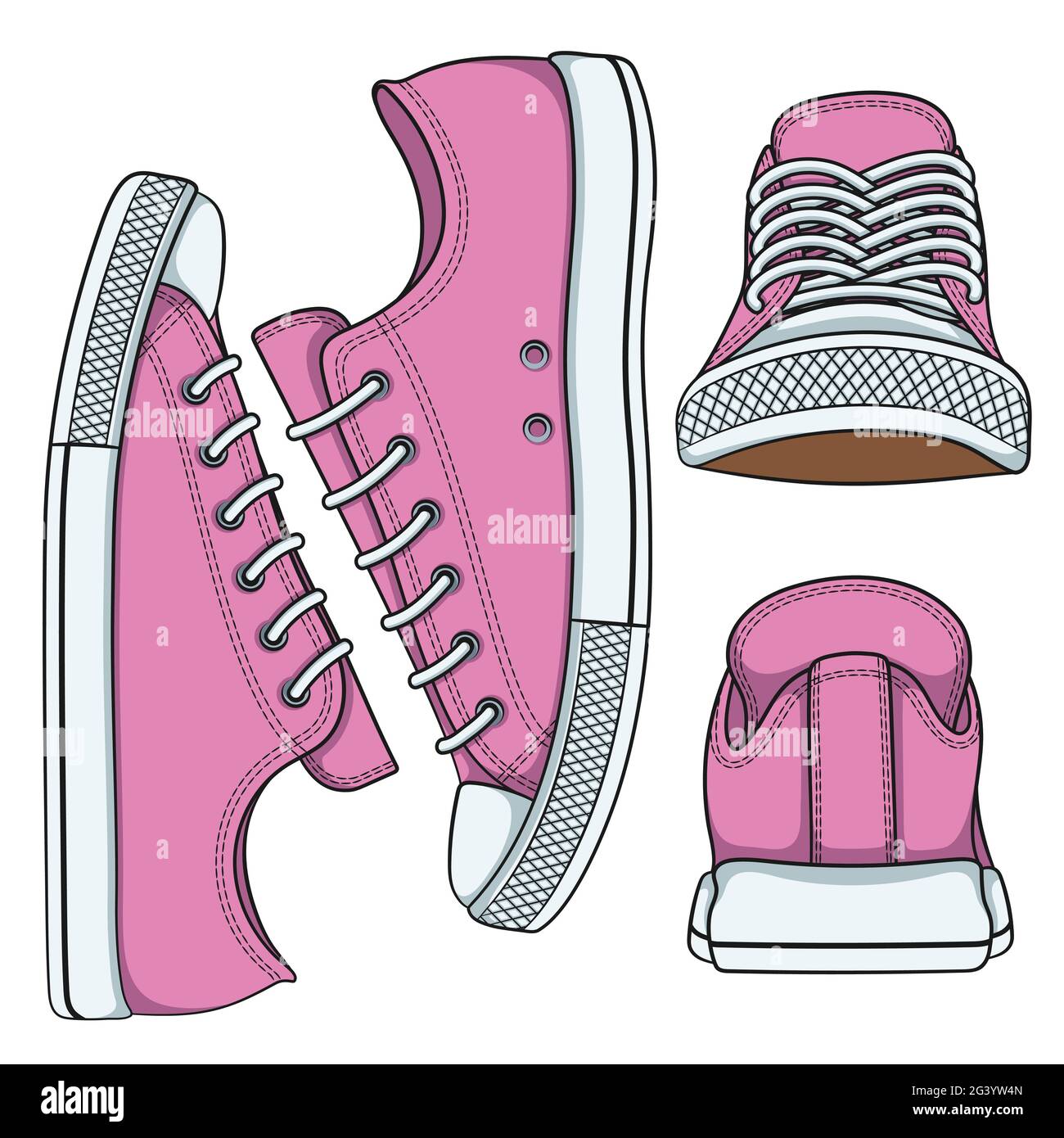 Set of illustrations with pink sneakers. Isolated vector objects on white background. Stock Vector