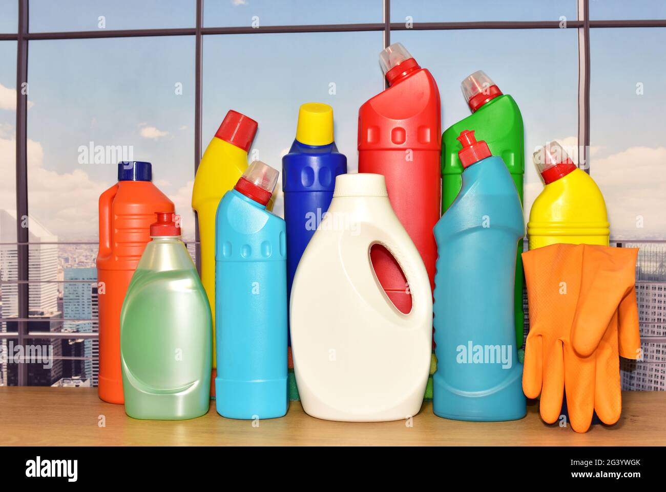 Detergents liquid on the window background. Detergent laundry bottle