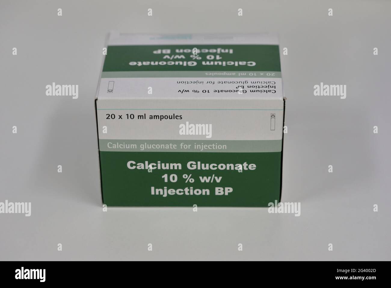 Calcium Gluconate (C12H22CaO14) injection in its cardboard box packaging Stock Photo