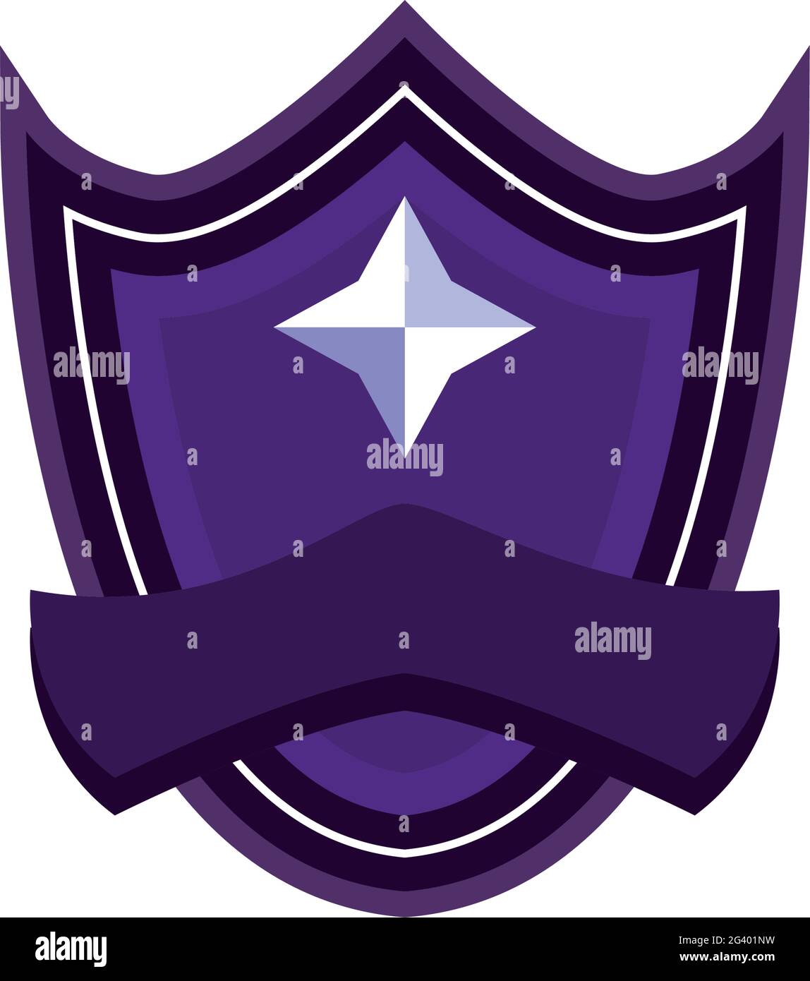 purple shield with star and ribbon on white background Stock Vector