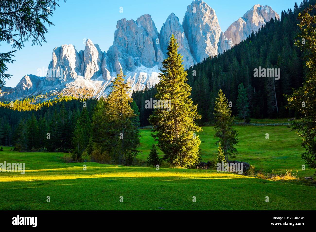 The green valley Val di Funes Stock Photo