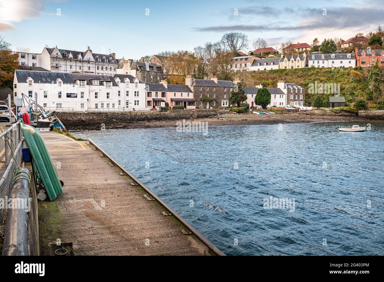 Harbour and Harbour front buildings, Portree, Isle of Skye, Scotland Stock Photo