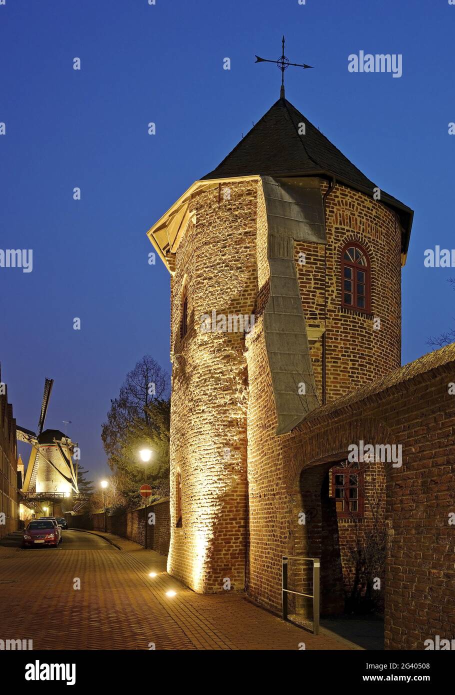 City wall with Kriemhild mill in the evening, Xanten, North Rhine-Westphalia, Germany, Europe Stock Photo