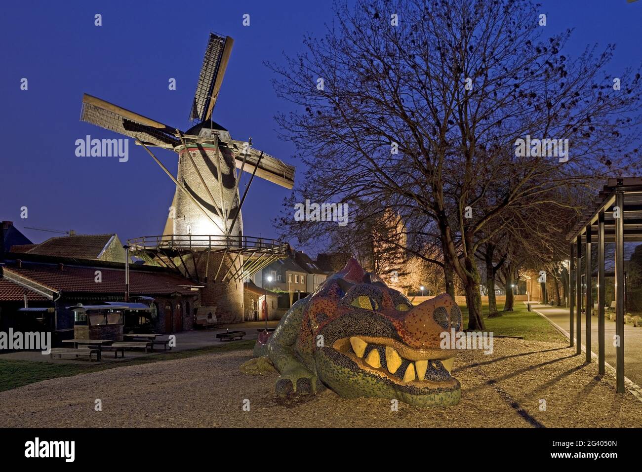 Kriemhild mill with Nibelungen dragon in the evening, Xanten, Lower Rhine, Germany, Europe Stock Photo