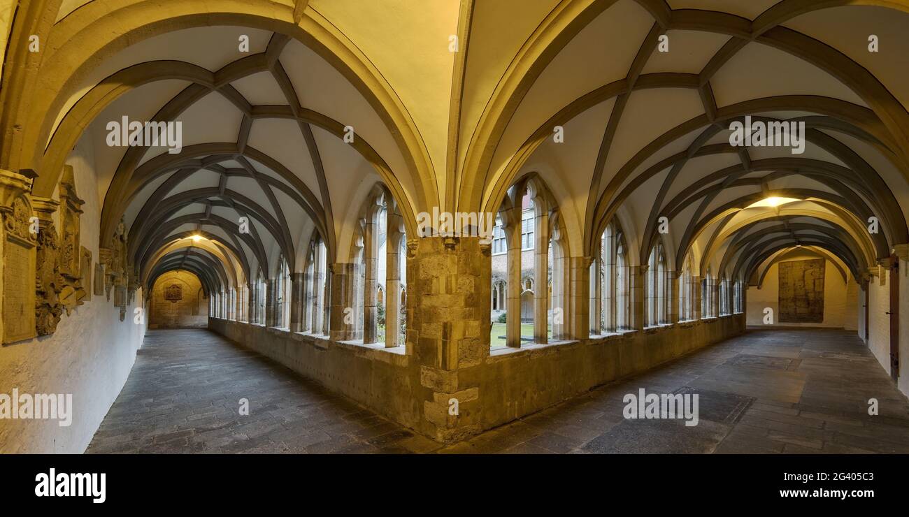 Illuminated cloister in the evening, St. Viktor Cathedral, Xanten, Lower Rhine, Germany, Europe Stock Photo
