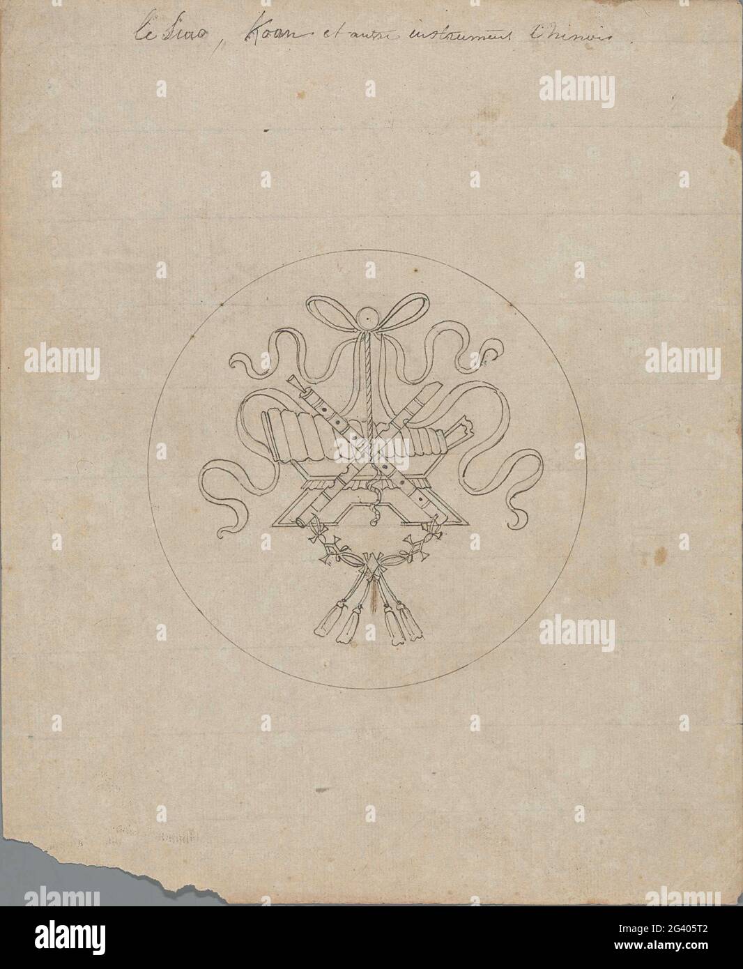Le Sino [?], Koan et Autore Instrument Chinois; Design for marquetery of  musical instrument hung up to ribbons in around medallion. One of 103  designs for marquetics of ribbons hung musical instruments