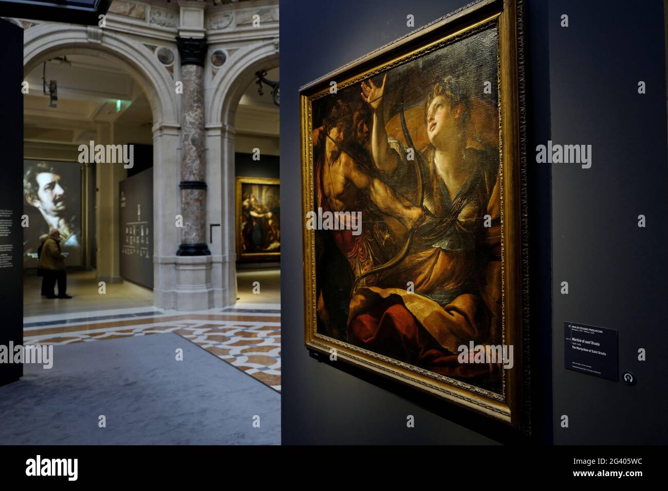 Italian painting exhibition of Caravaggio and his heirs, at Le Gallerie d'Italia museum, in Milan. 2018. Stock Photo