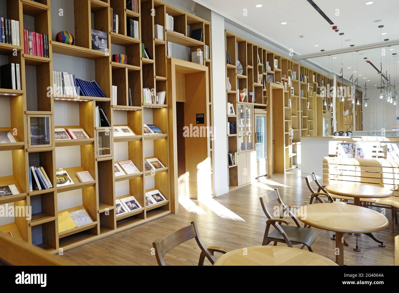 Wooden library and cafeteria of the art gallery. Le Gallerie d'Italia,  in Milan. Stock Photo