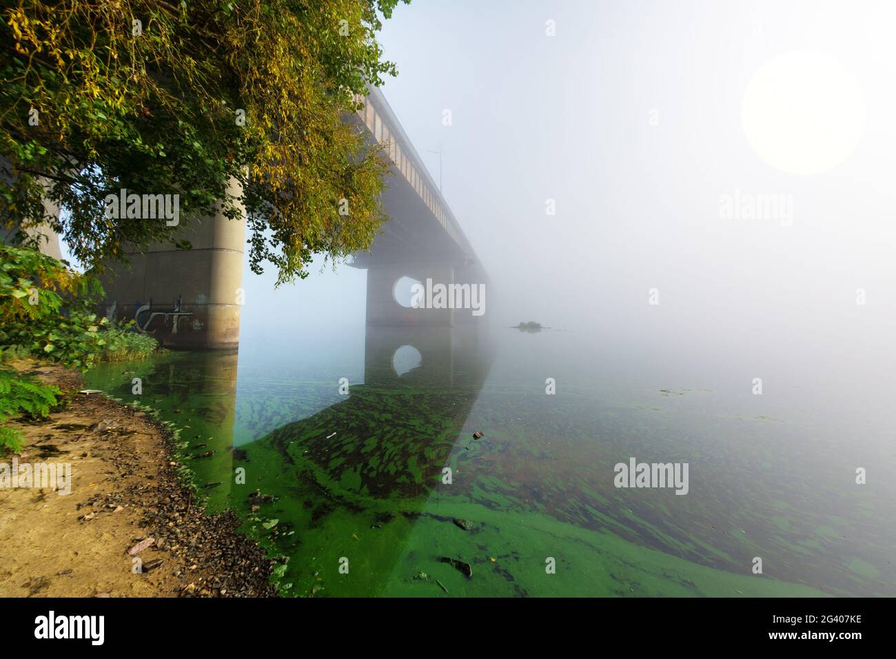 Bridge over foggy river Stock Photo - Alamy