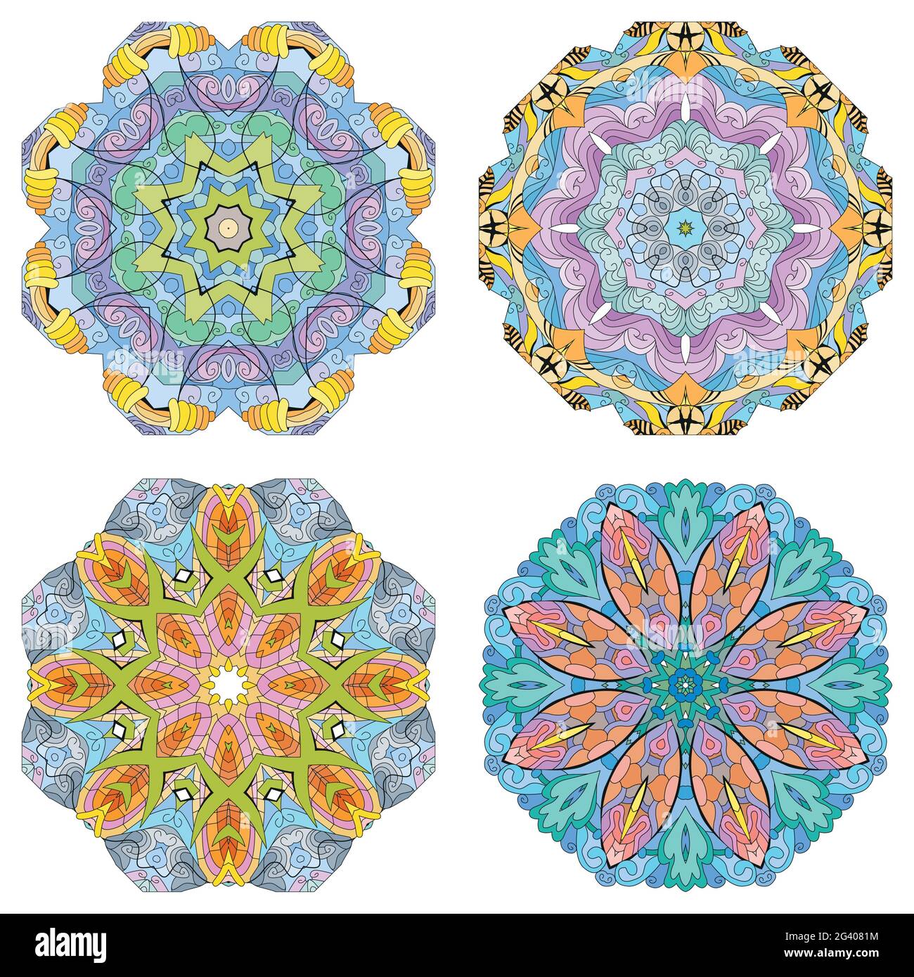 Hand-painted art design. Color hand drawn illustration set of 4 mandalas for decoration Stock Vector