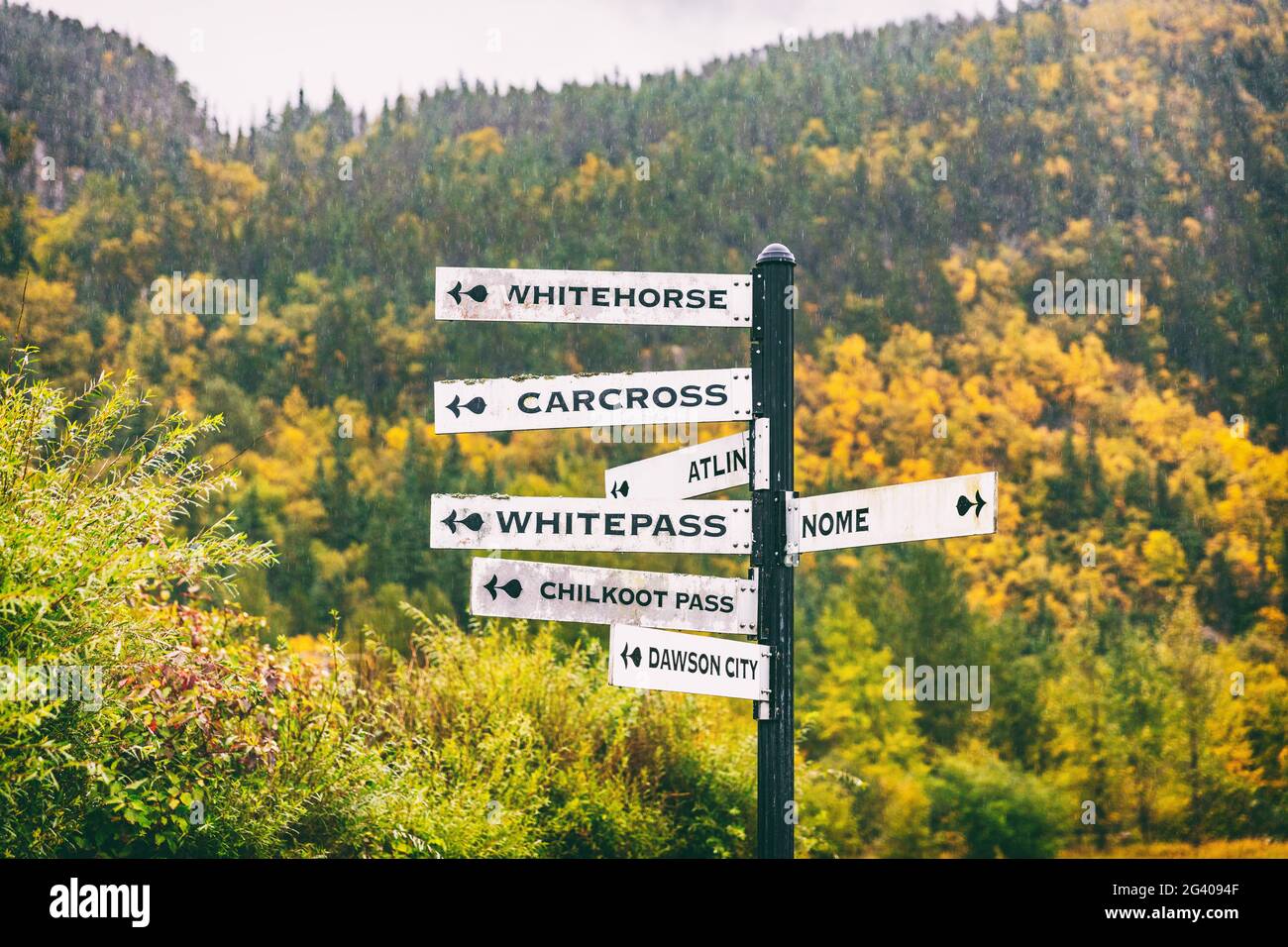 Alaska tourist street signs showing directions of different nearest tourism cities destination. Chilkoot, Whitehorse, Juneau, Skagway. Road sign in Stock Photo