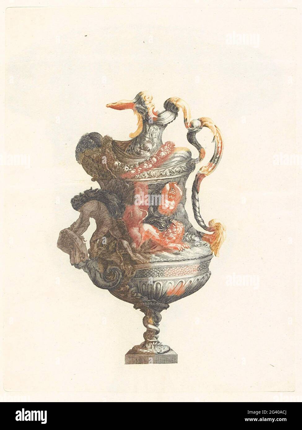 Schenkkan with Hercules and Griffin. Ornamental donation. On the can be a representation of Hercules that his knots raises in the battle with a Griffin. It may be the lion of kithairon. This print is part of an album. Stock Photo
