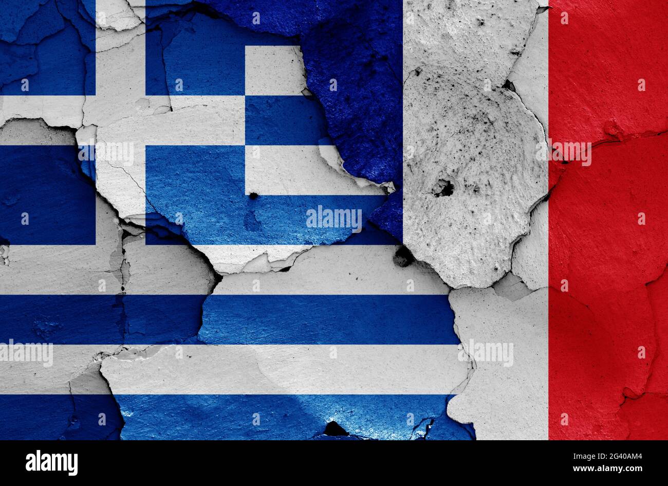 Flags of Greece and France painted on cracked wall Stock Photo Alamy