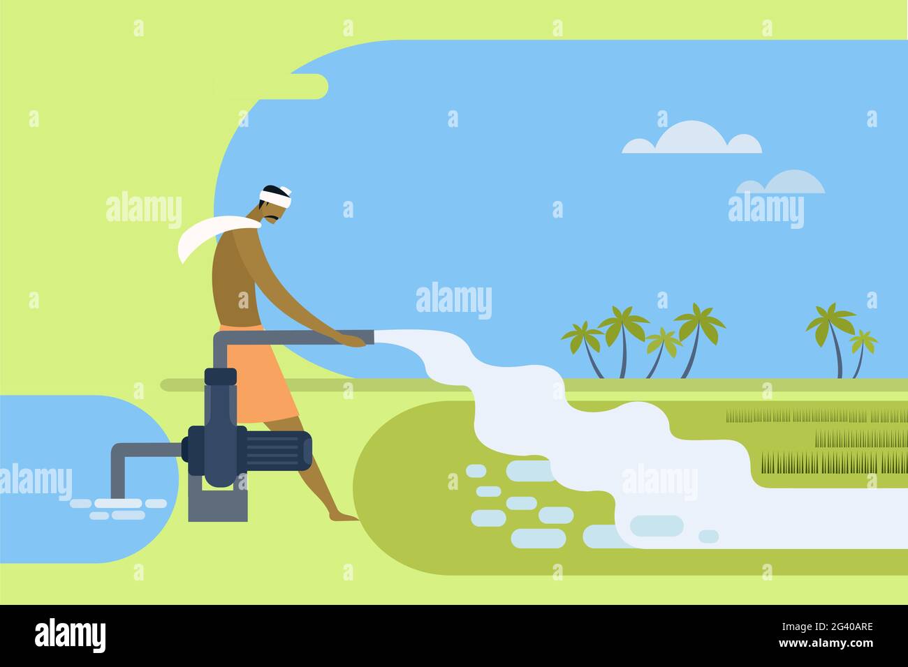 Indian farmer pumping water to agricultural field Stock Vector