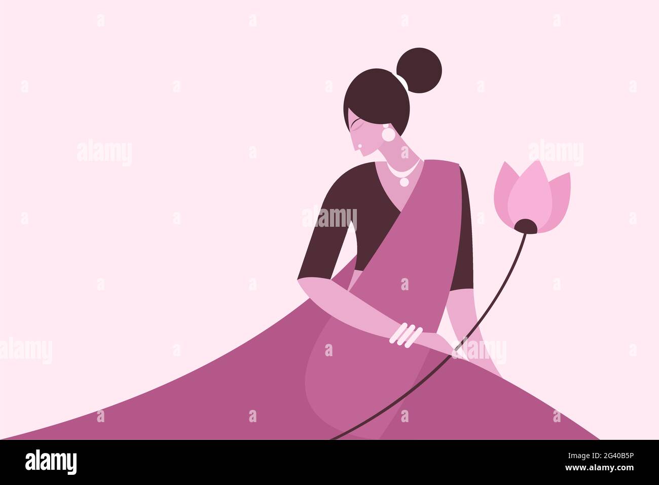 Illustration of a woman wearing traditional Indian dress holding lotus flowers Stock Vector