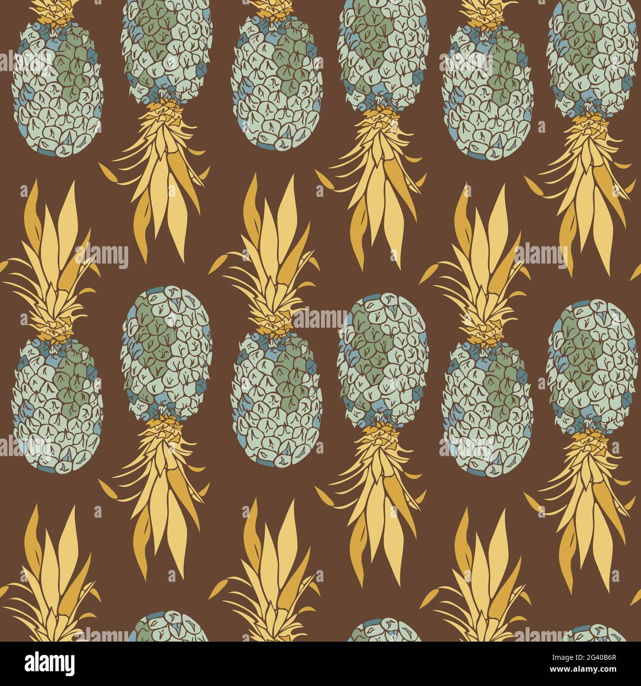 Vector seamless pattern with decorative pineapples on brown background. Exotic fruit design. Stock Vector