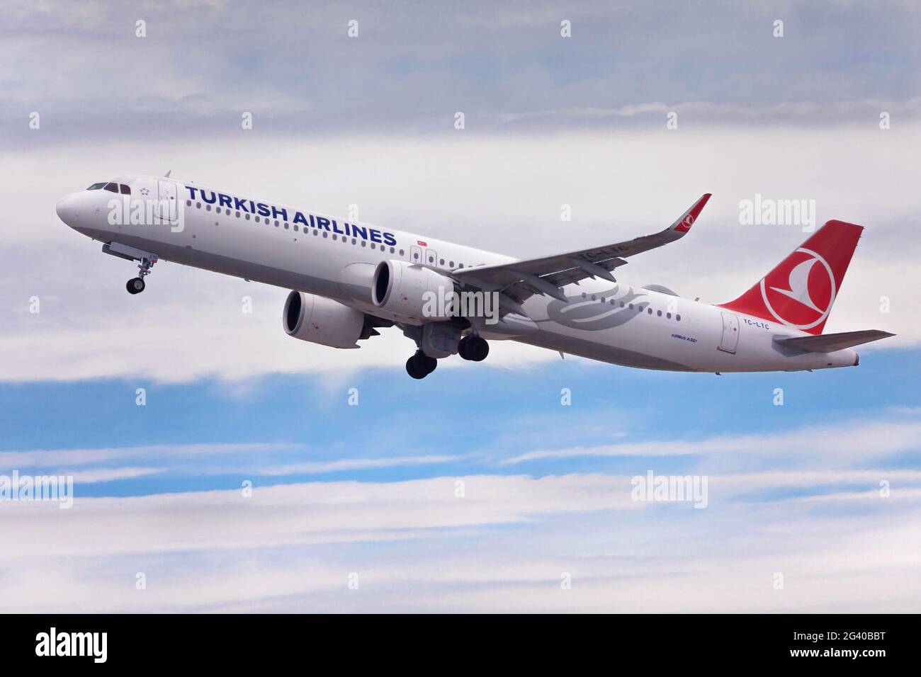 Barcelona, Spain - May 16, 2021: Turkish Airlines Airbus A321neo taking off from El Prat Airport in Barcelona, Spain. Stock Photo