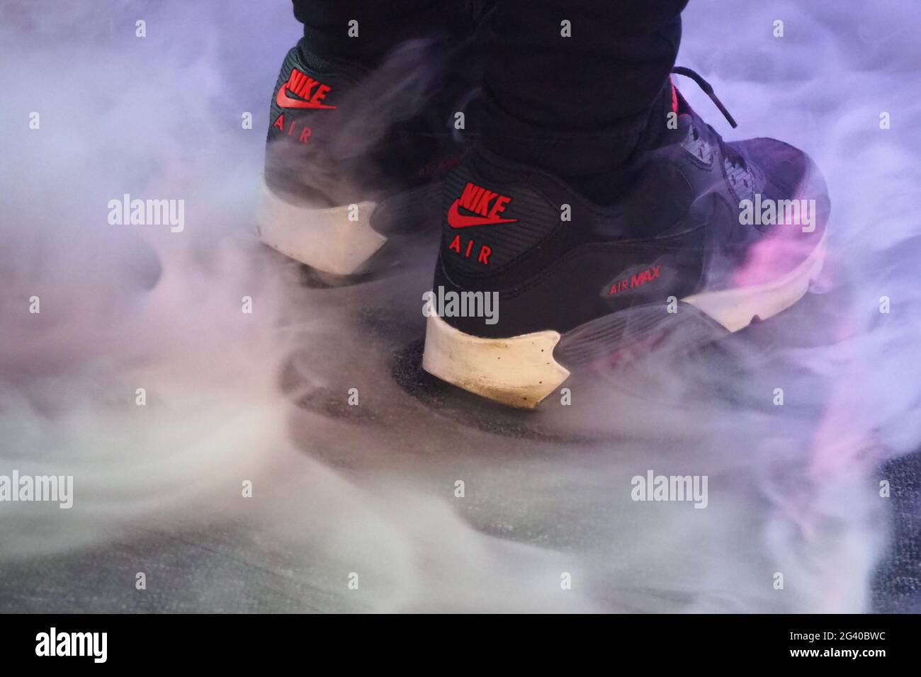 BPM 2019 - The Show For DJs, Nike Air Max Trainers surrounded by swirling dry ice Stock Photo