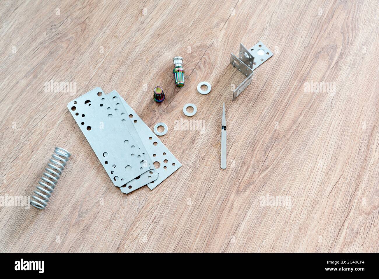 metal engineering spare parts details flat lay, tools and equipment