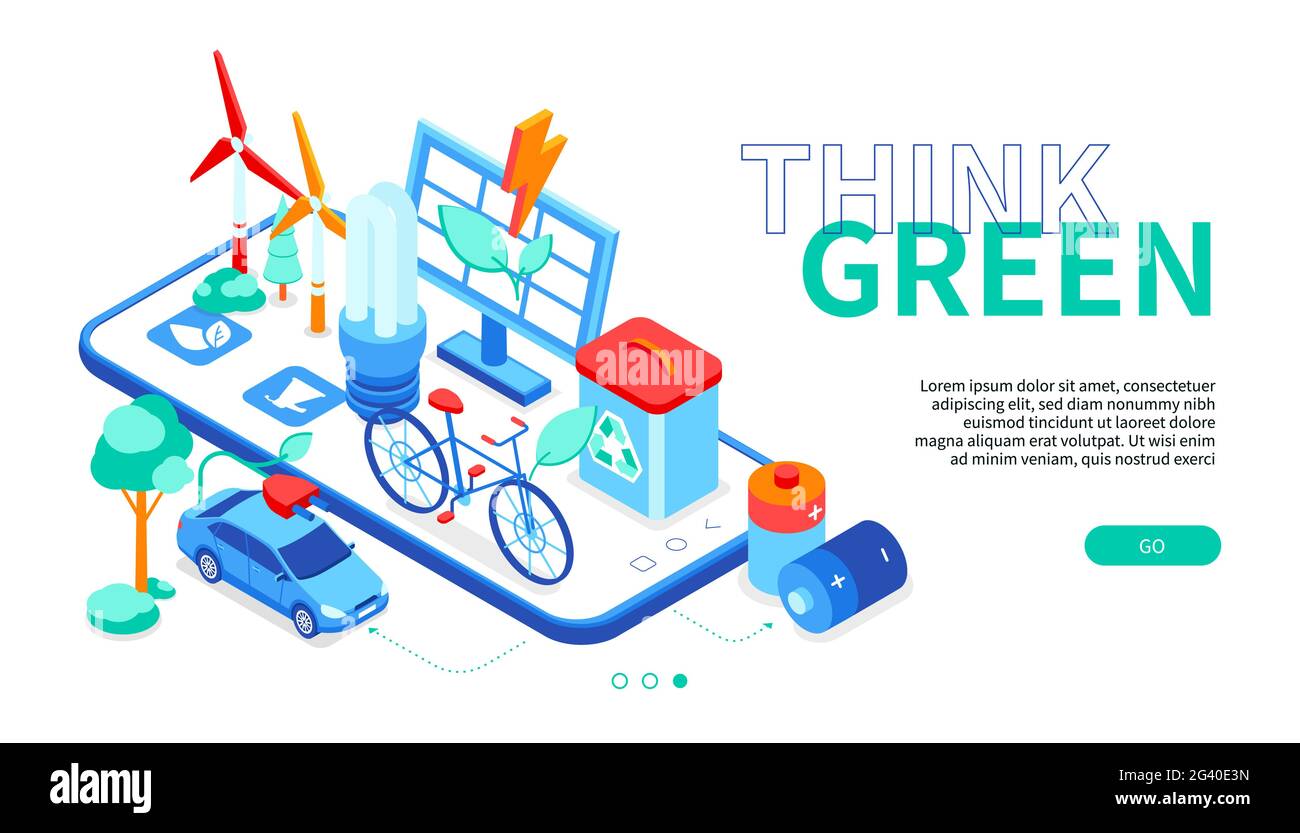Think green - modern colorful isometric web banner with copy space for text. Waste sorting, energy saving idea. Solar panel, wind turbines, electric c Stock Vector