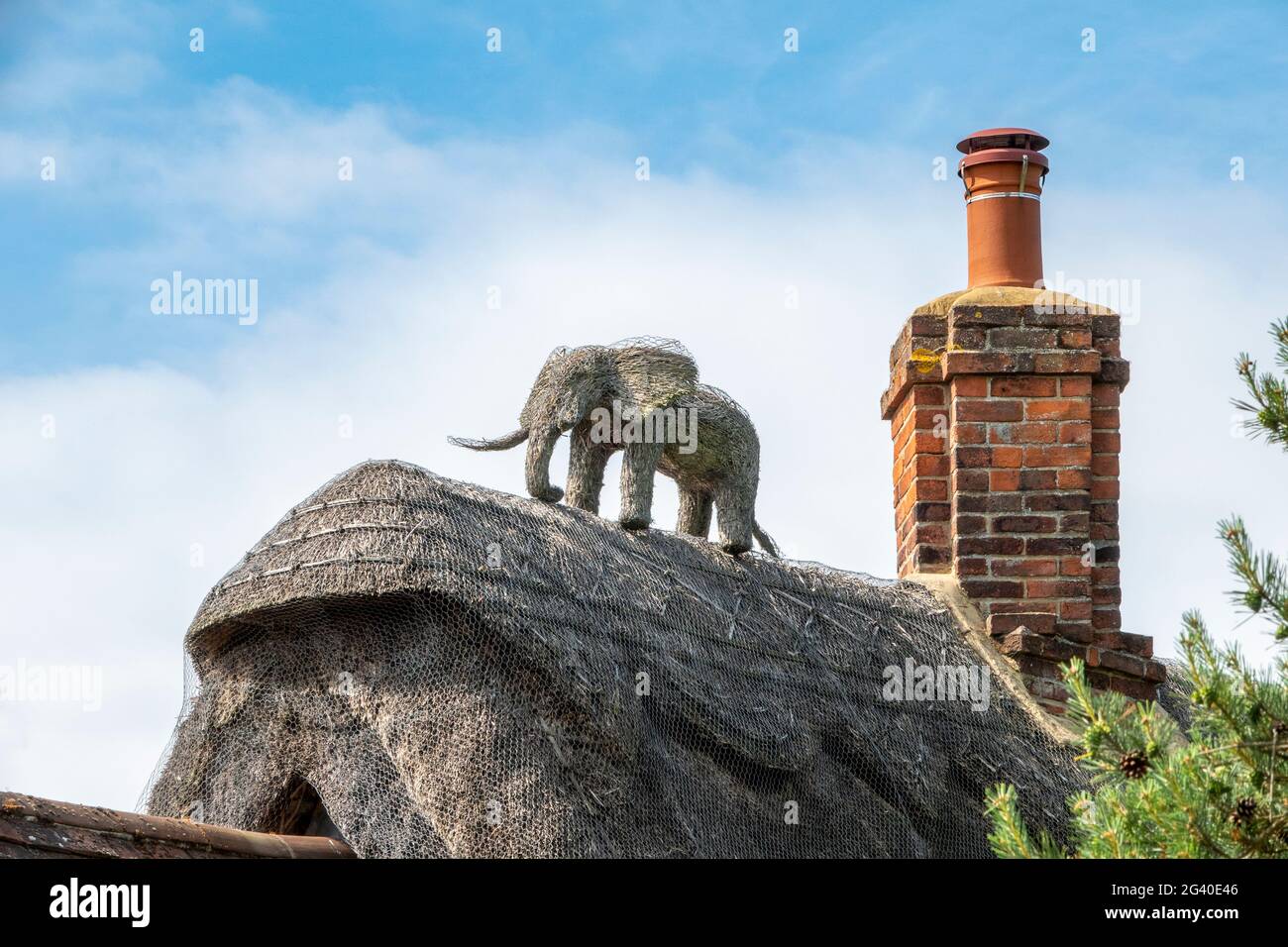 Straw elephant finial near a brick chimney on thatched roof in Cambridgeshire Stock Photo
