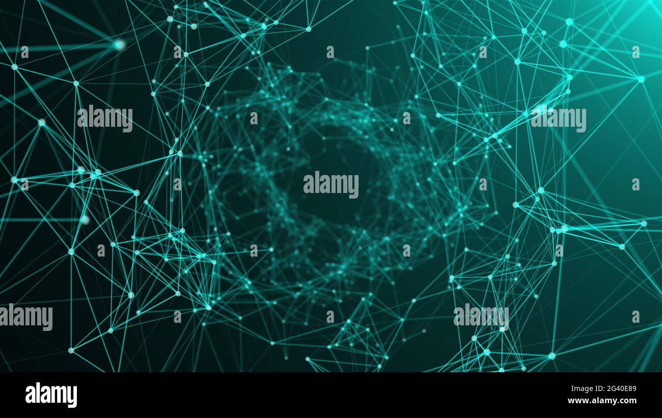 Computer generated connection dots tunnel. Lines and points form geometric surfaces. 3d rendering abstract space background. Stock Photo
