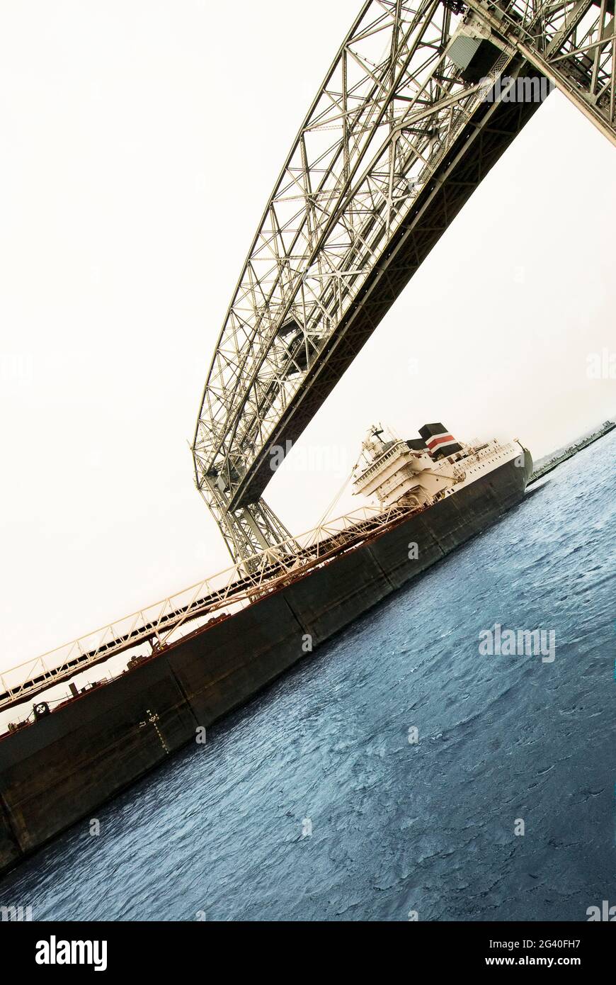 'M/V James R. Barker' arriving from Lake Superior under the historic Aerial Lift Bridge to load coal in Port of Duluth/Superior, Duluth, MN. #908 USA Stock Photo
