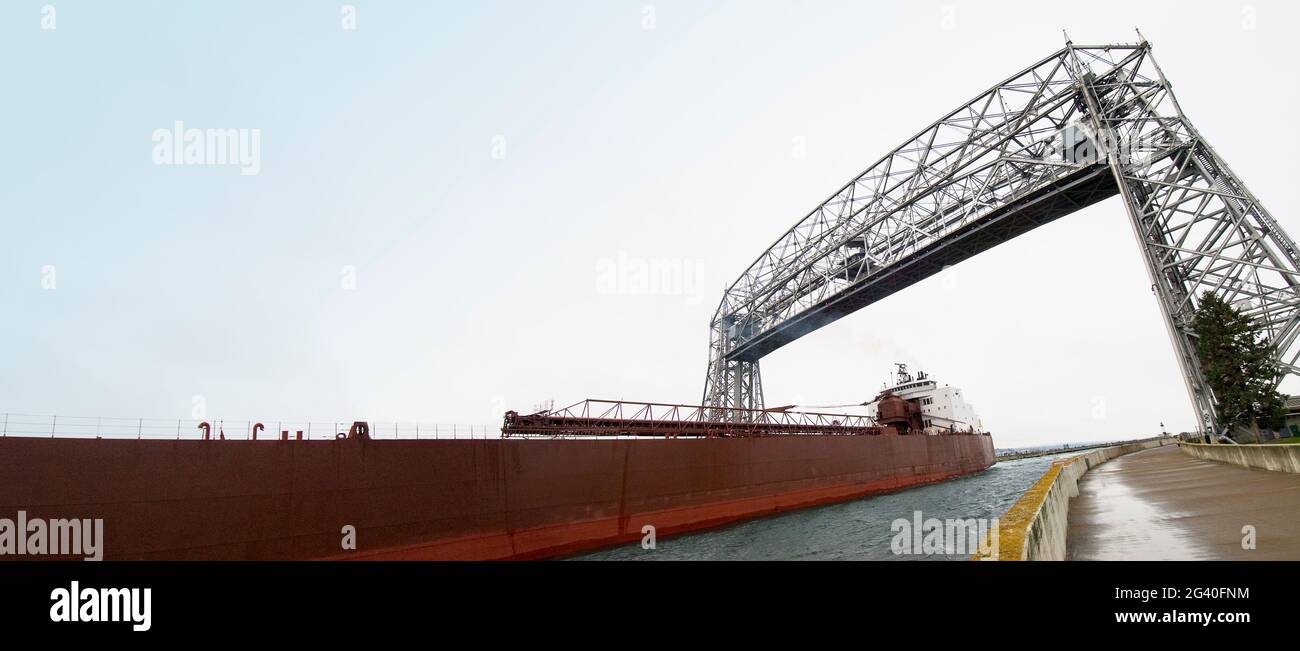 "M/V James R. Barker" arriving from Lake Superior under the historic Aerial Lift Bridge to load coal in Port of Duluth/Superior, Duluth, MN. #908 USA Stock Photo