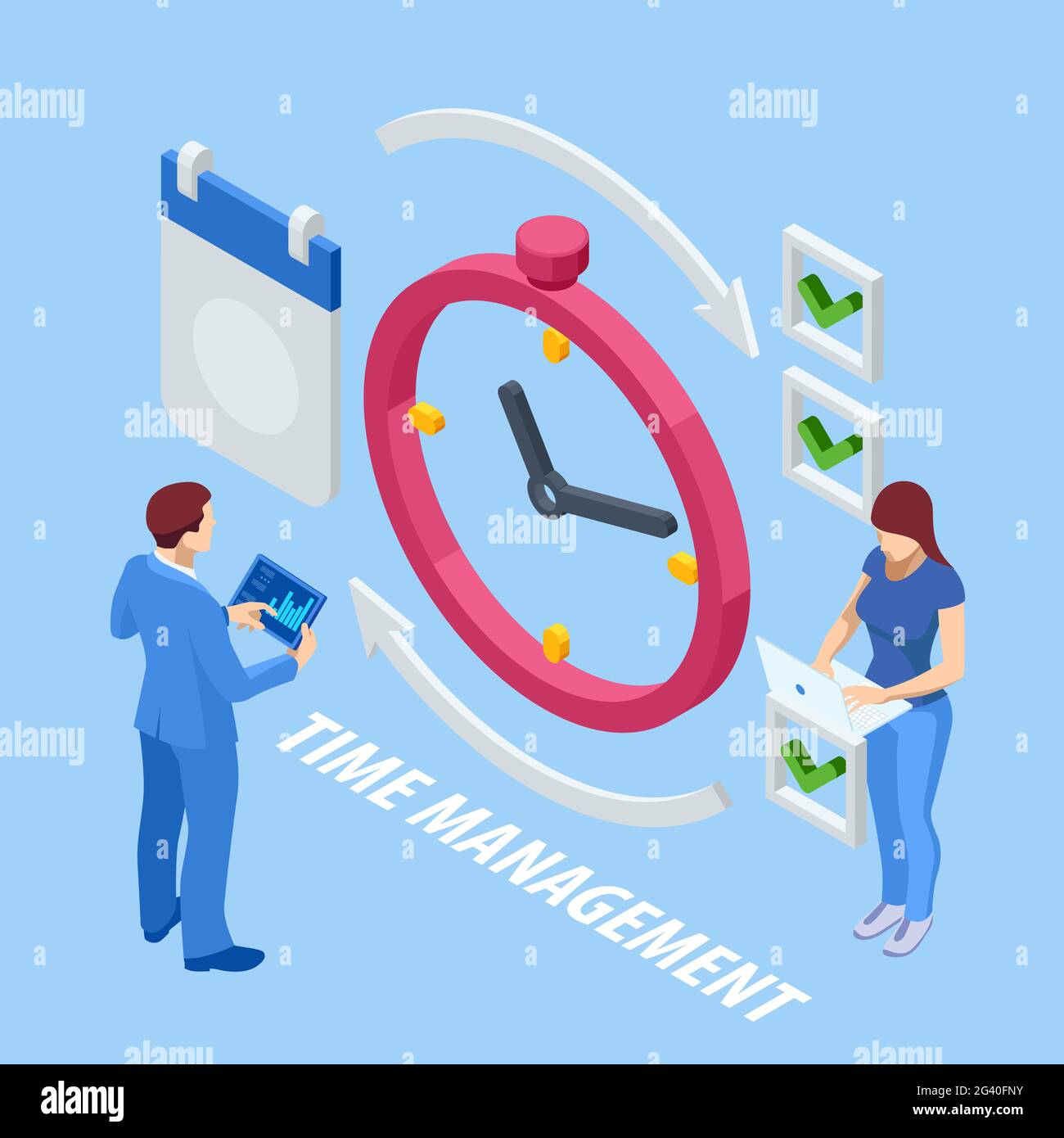 Isometric time management concept. Planning training activities schedule checkpoints. Event management, business management, e-commerce, time Stock Vector