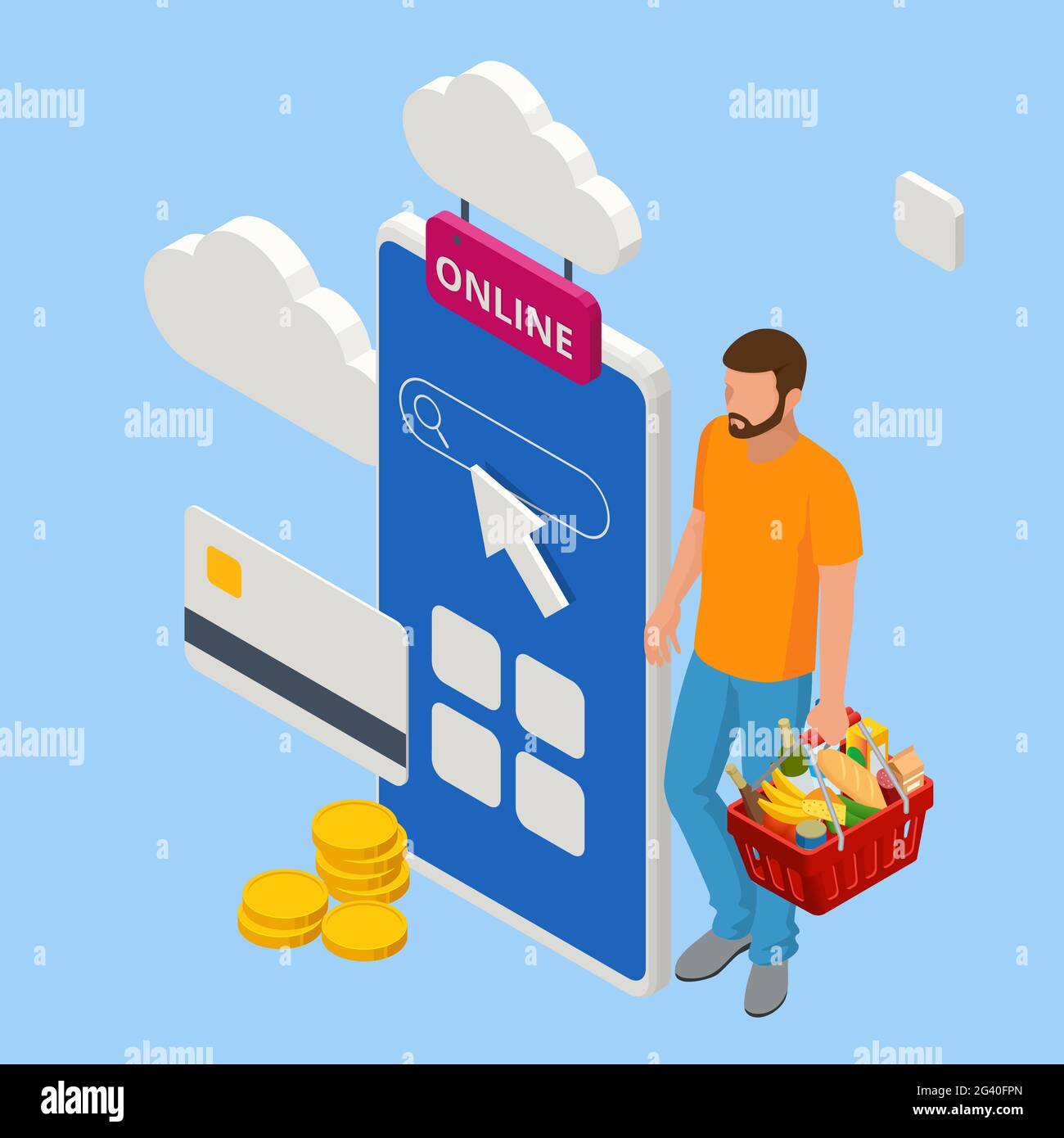 Isometric man order online in internet supermarket. Grocery online shopping application on smartphone screen with food at home. Shopping bag with Stock Vector